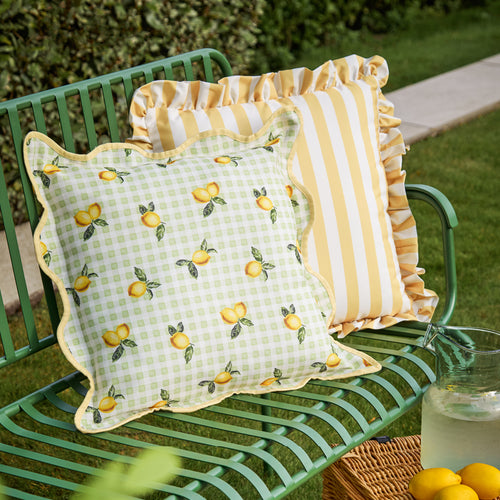 Fruits Lemons Gingham Check Outdoor Cushion Sage
