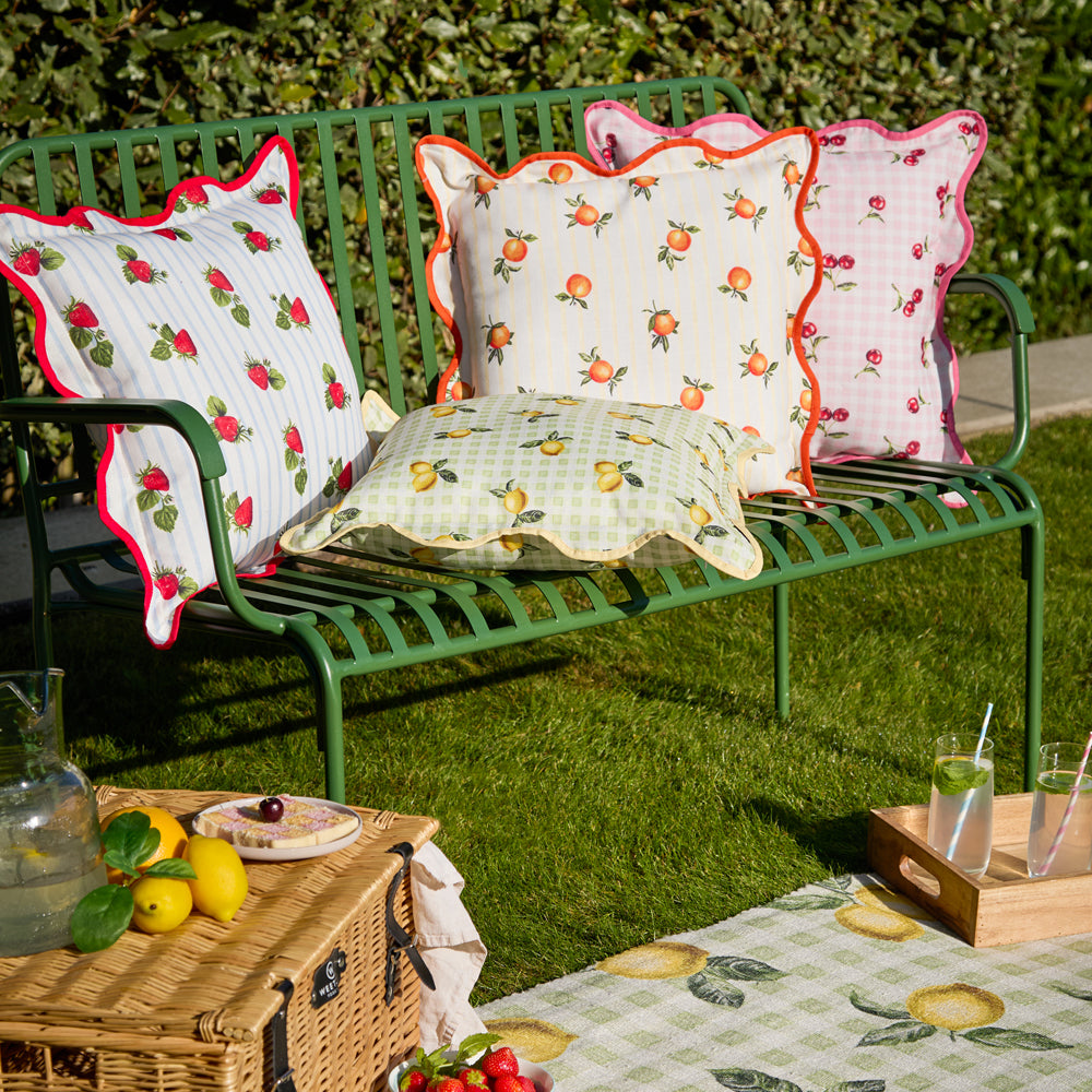 Fruits Lemons Gingham Check Outdoor Cushion Sage