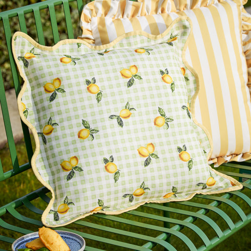 Check Green Cushions - Fruits Lemons Gingham Check Outdoor Cushion Cover Sage Furn