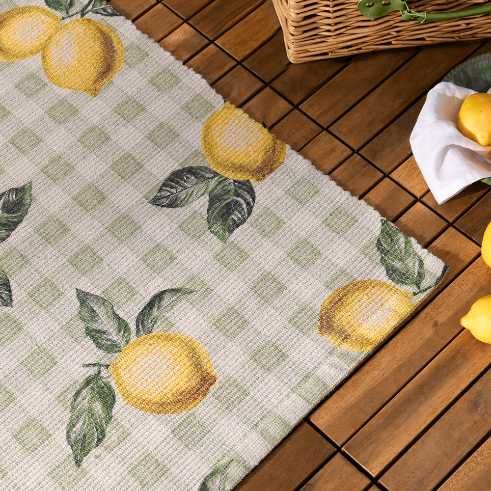 Fruits Lemons Gingham Check Indoor/Outdoor Rug Sage