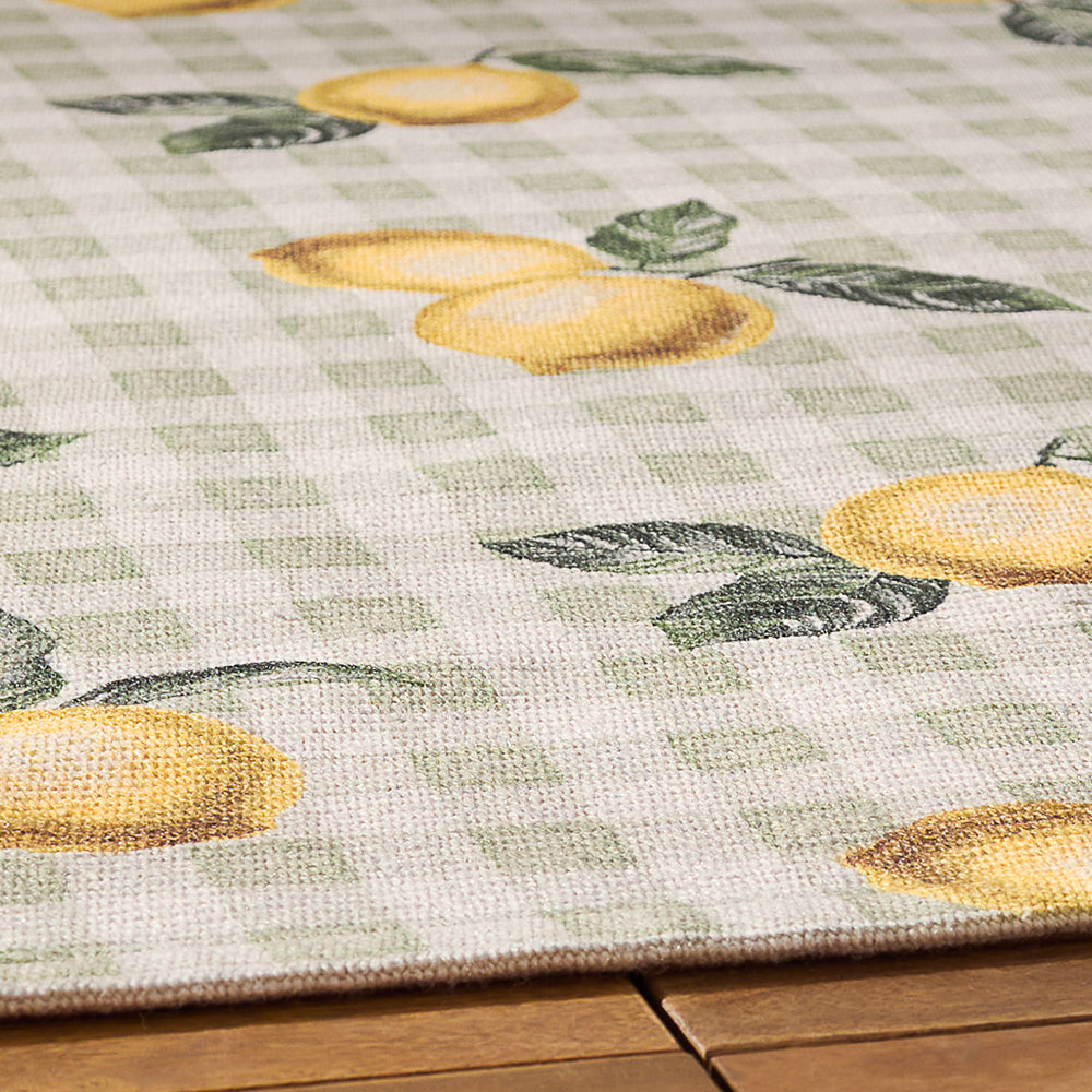 Fruits Lemons Gingham Check Indoor/Outdoor Rug Sage