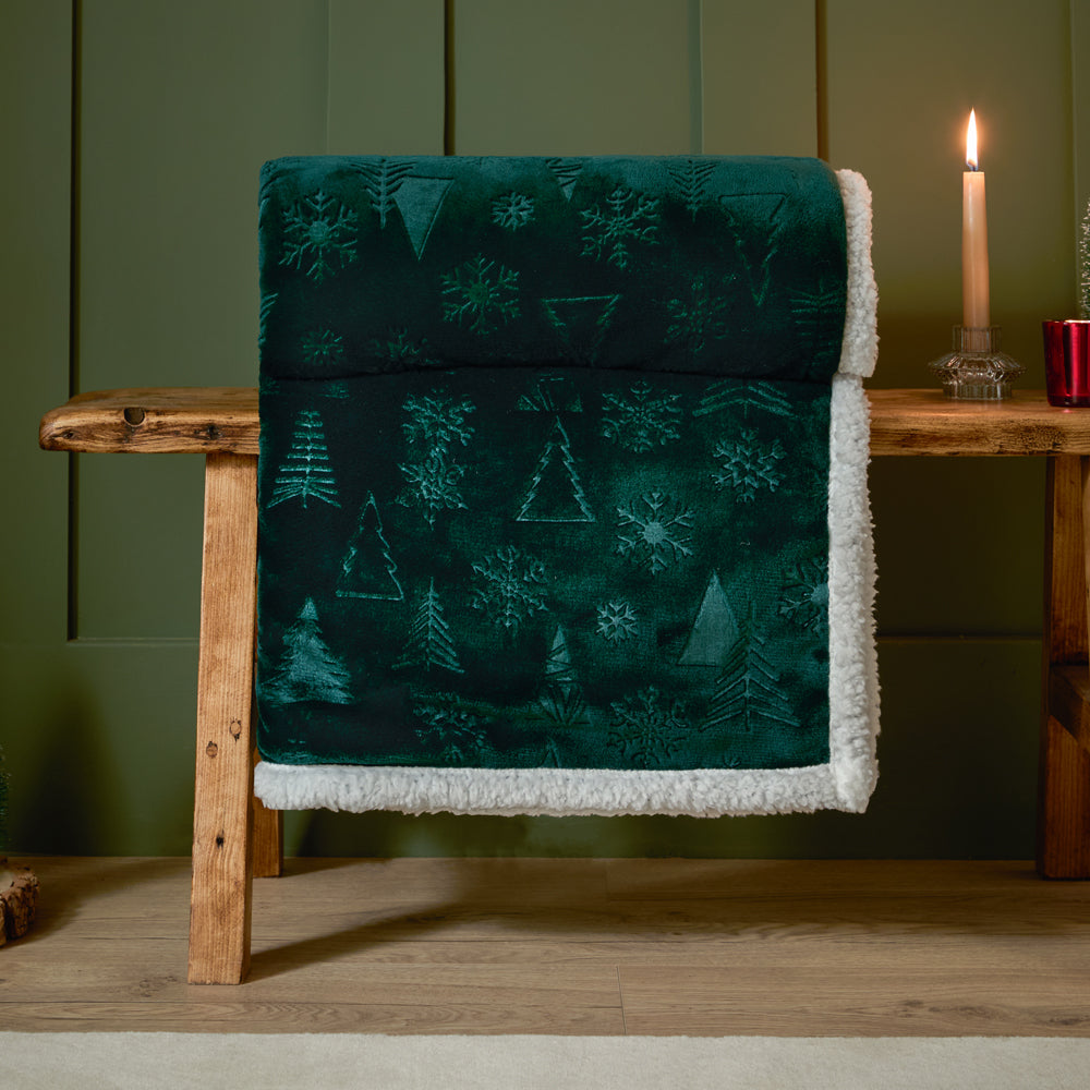 Festive Time Sherpa Fleece Embossed Throw Emerald