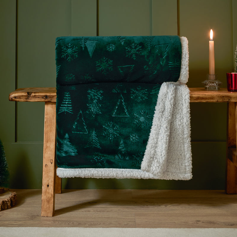 Woodland Green Throws  - Festive Time Sherpa Fleece Embossed Throw Emerald Furn