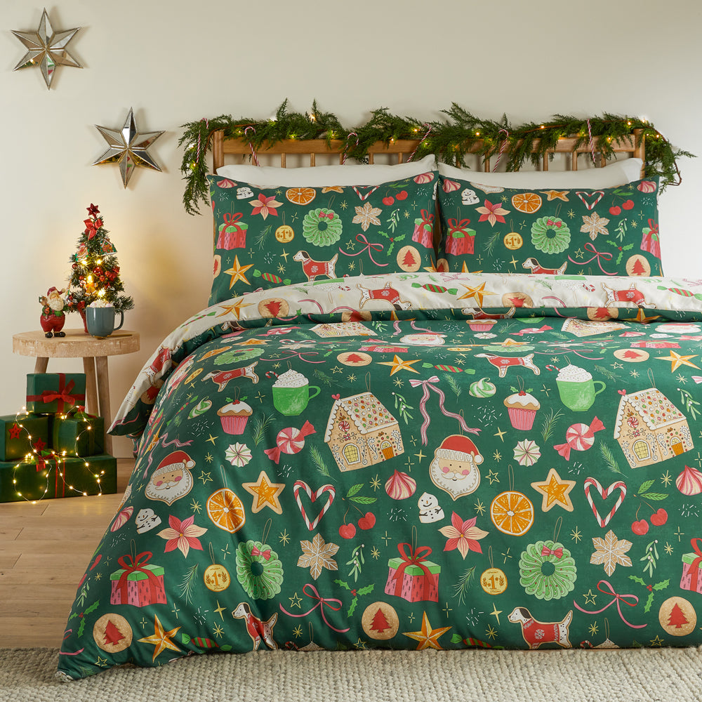 Festive Treats Printed Soft Touch Duvet Cover Set Emerald