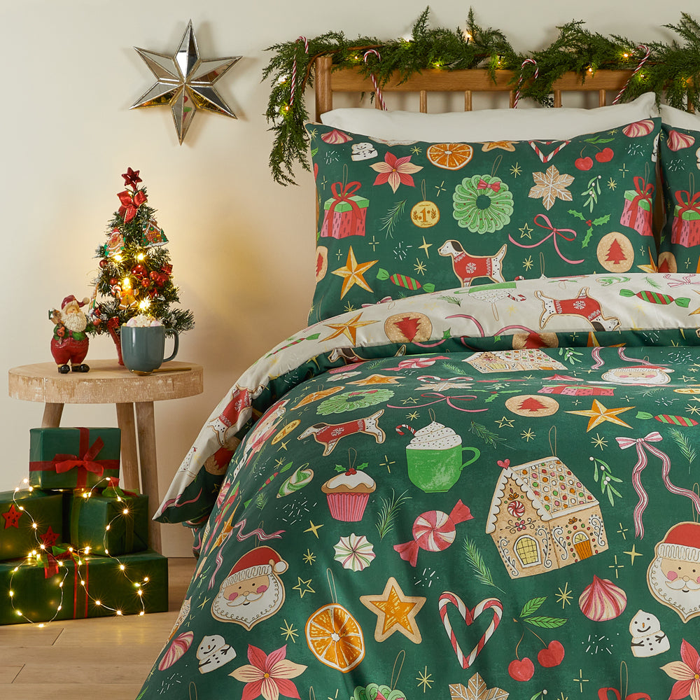 Festive Treats Printed Soft Touch Duvet Cover Set Emerald