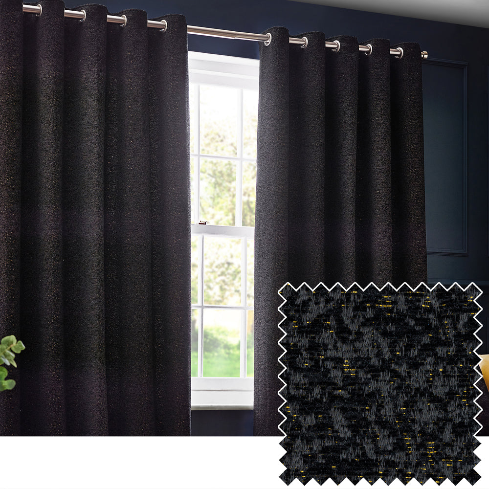 Galaxy Fully Lined Chenille Eyelet Curtains Black