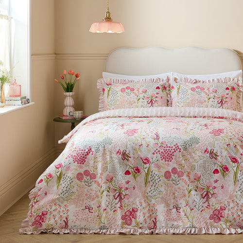 Floral Green Bedding - Gardenia Reversible Ruffle Duvet Cover Set Pink Pebble Furn