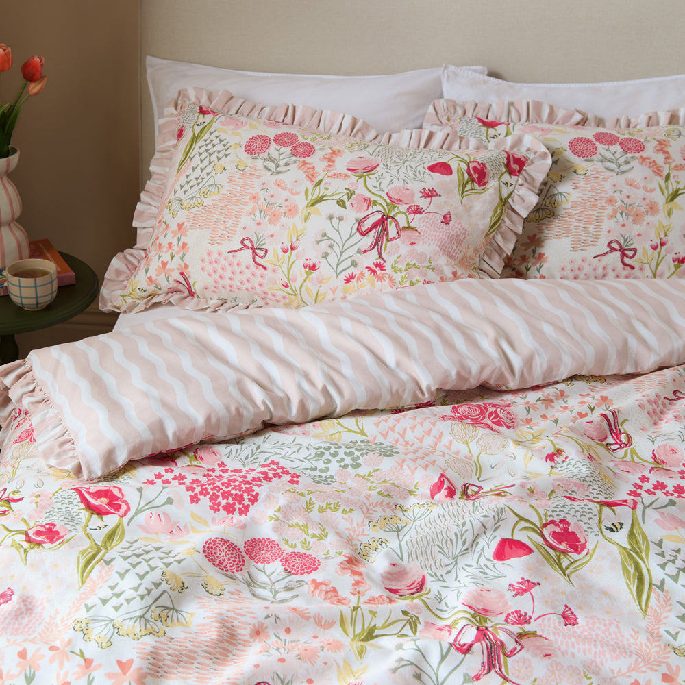 Gardenia Reversible Ruffle Duvet Cover Set Pink Pebble