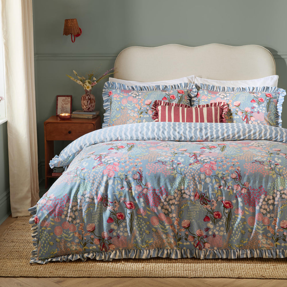 Floral Blue Bedding - Gardenia Reversible Ruffle Duvet Cover Set Seaspray Furn