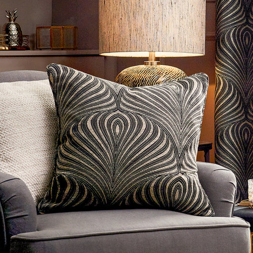 Geometric Black Cushions - Gatsby Jacquard Piped Cushion Cover Black Paoletti