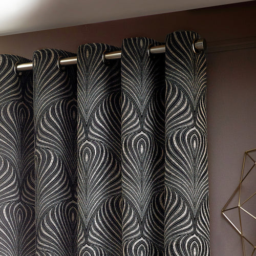Geometric Black Curtains - Gatsby Jacquard Eyelet Curtains Black Paoletti