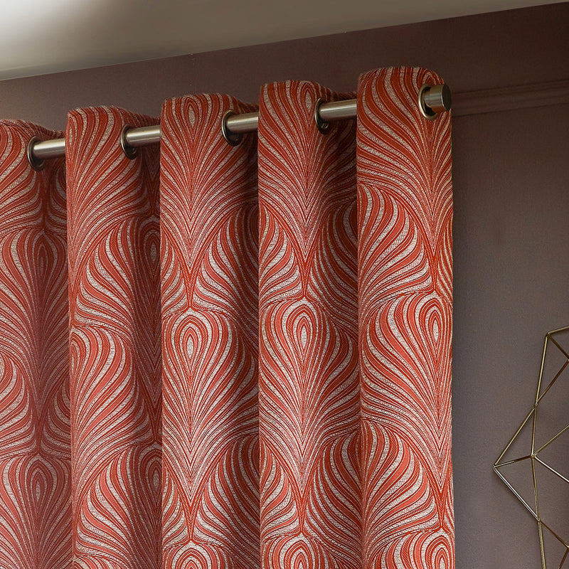 Geometric Red Curtains - Gatsby Jacquard Eyelet Curtains Terracotta Paoletti