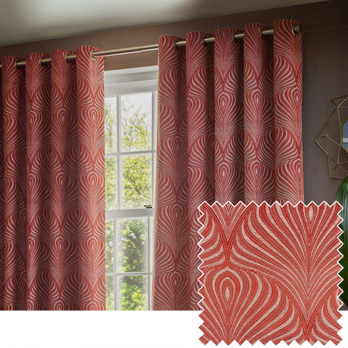 Geometric Red Curtains - Gatsby Jacquard Eyelet Curtains Terracotta Paoletti