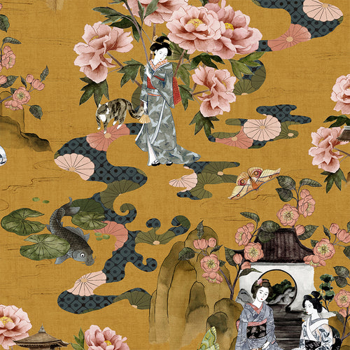 Global Yellow Wallpaper - Geisha Floral Wallpaper Sample Ochre Paoletti