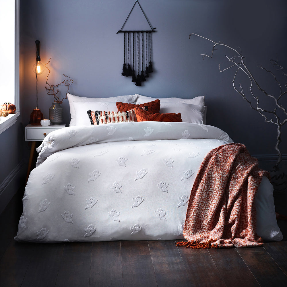  White Bedding - Ghost Tufted Halloween 100% Cotton Duvet Cover Set White  Yard