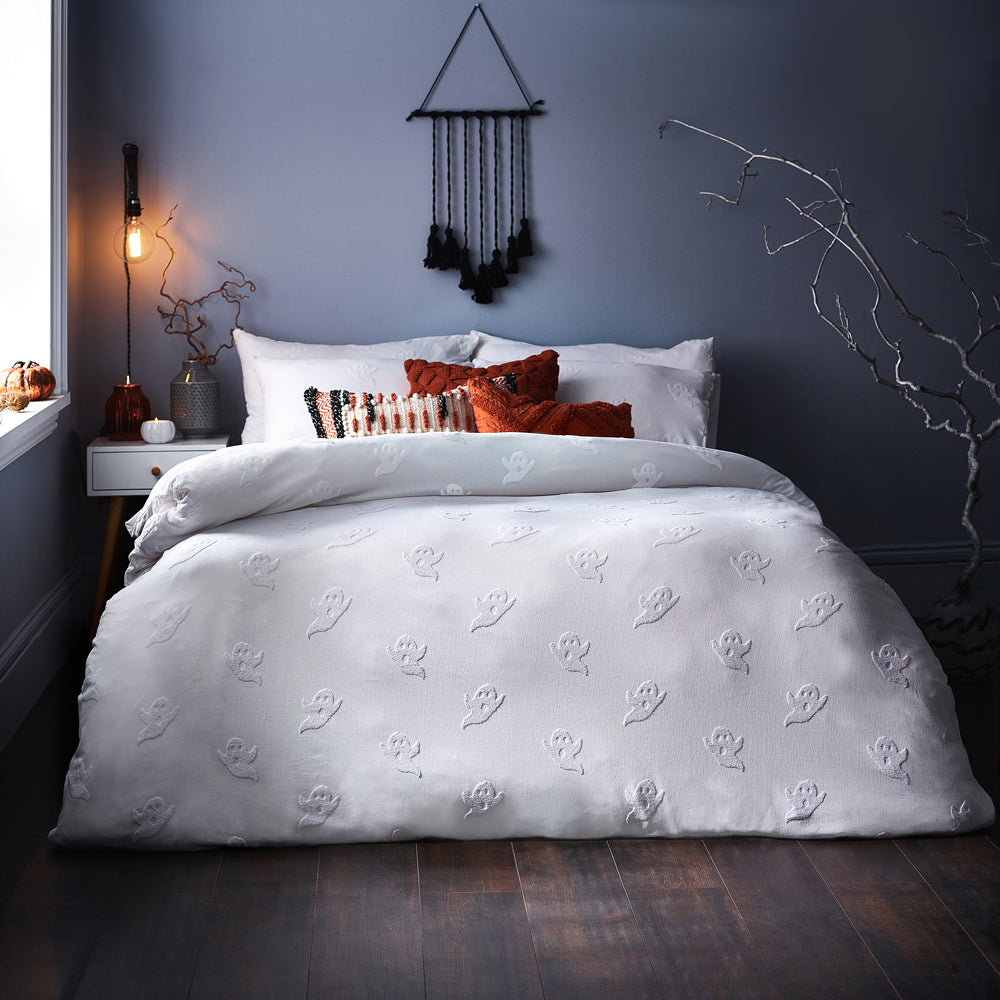 Ghost Tufted Halloween 100% Cotton Duvet Cover Set White
