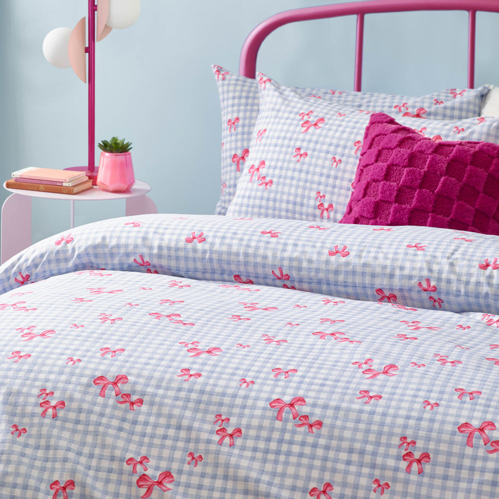 Gingham Bows Printed Duvet Cover Set Blue