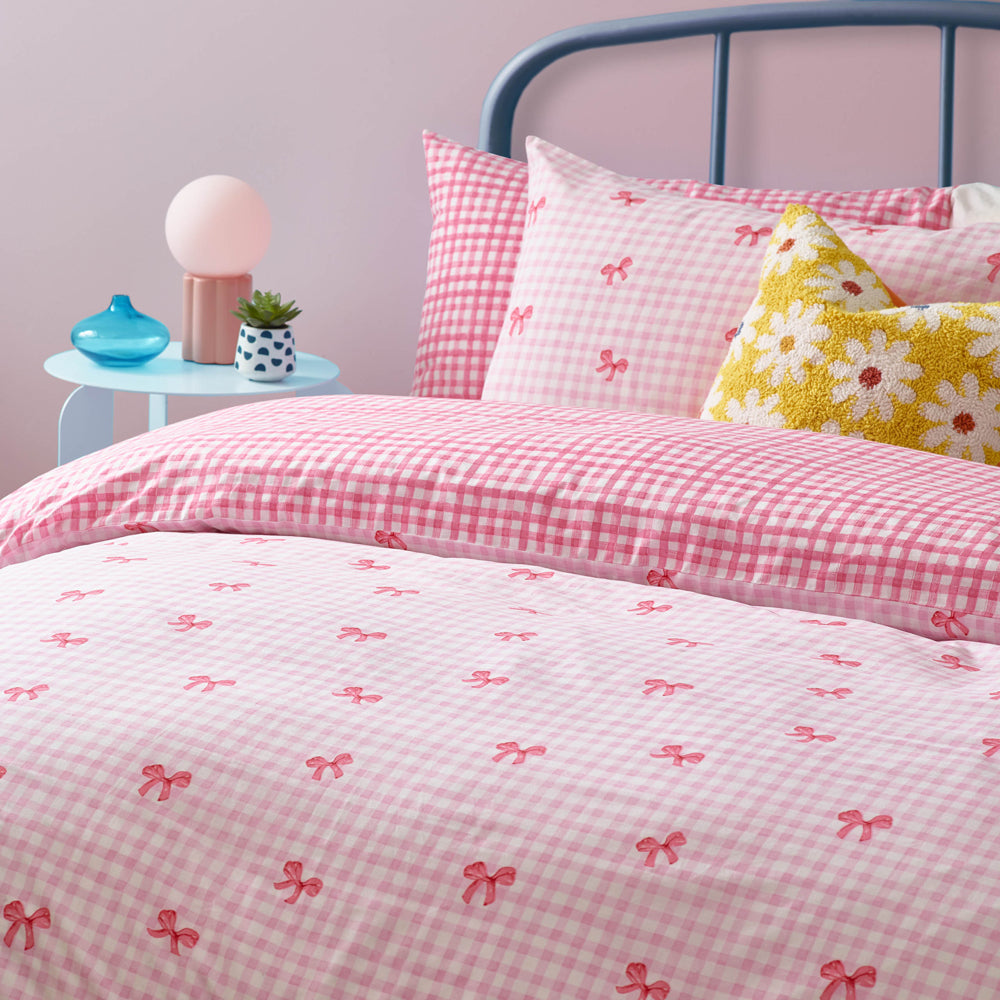 Gingham Bows Printed Duvet Cover Set Pink