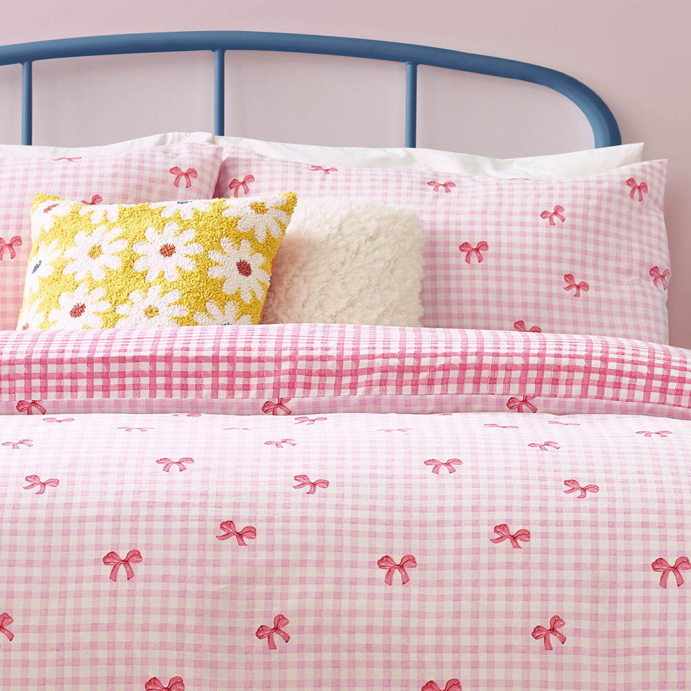 Gingham Bows Printed Duvet Cover Set Pink