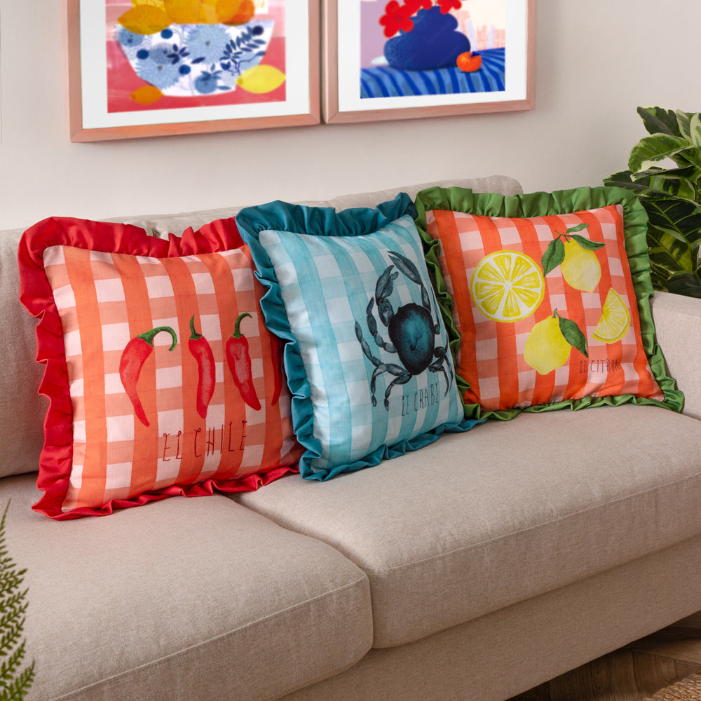 Gingham Chilli Printed Ruffle Cushion Red