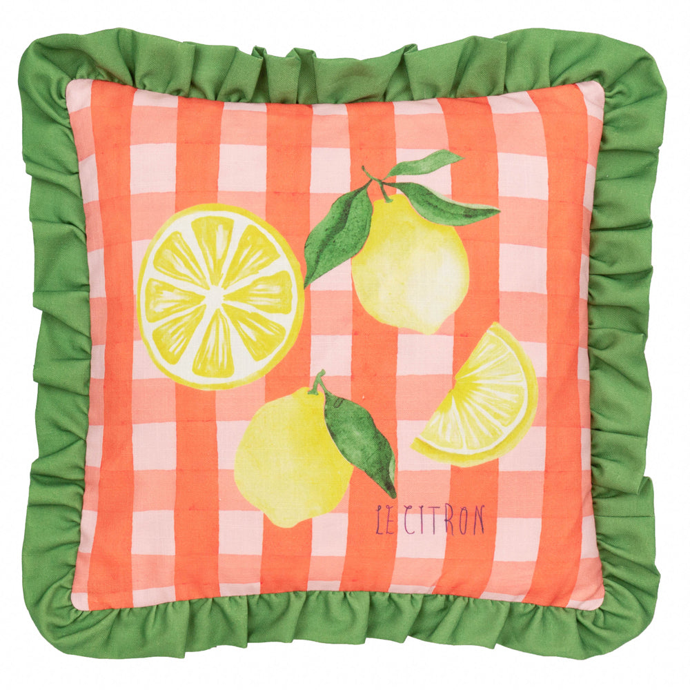 Gingham Citron Printed Ruffle Cushion Multicolour