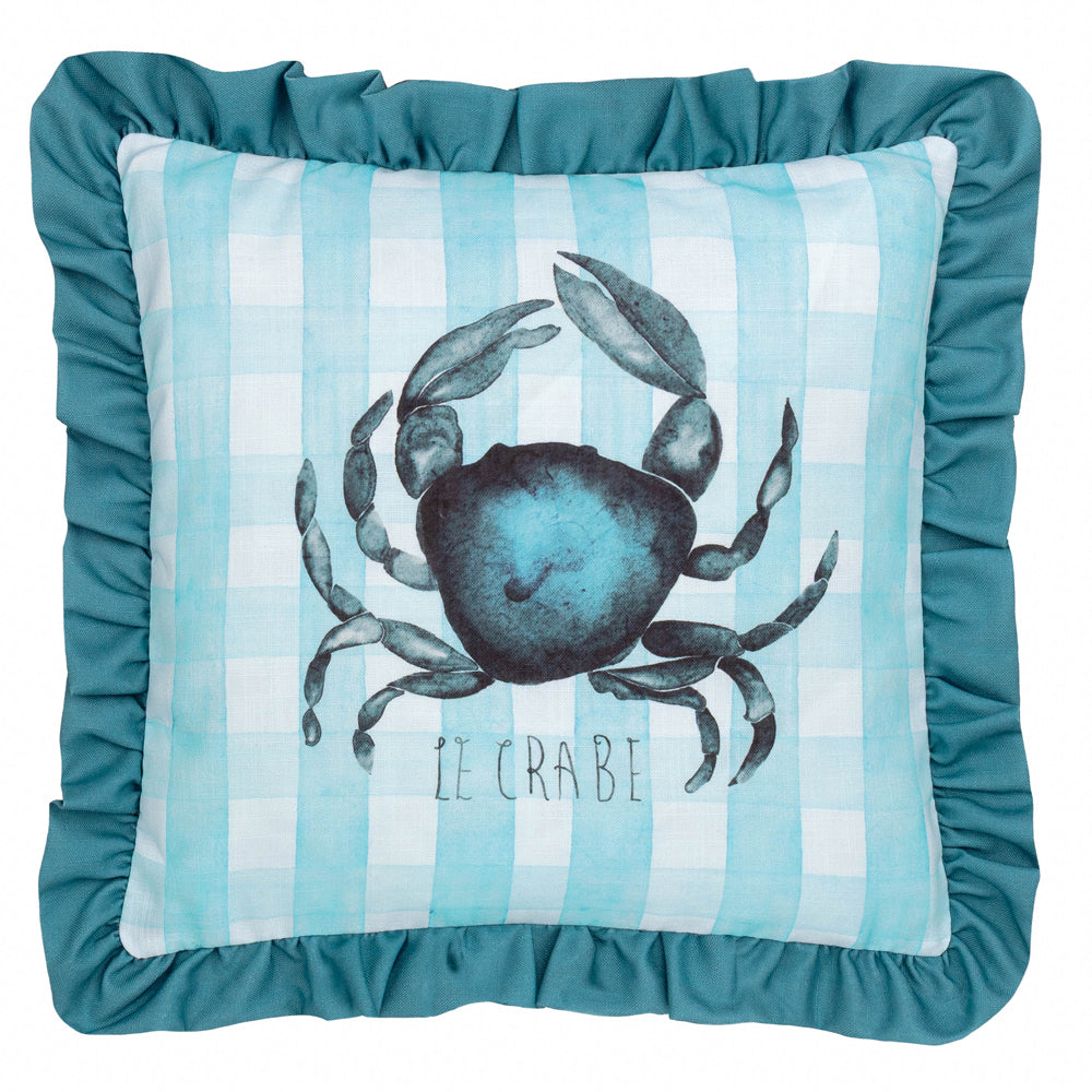 Gingham Crab Printed Ruffle Cushion Blue