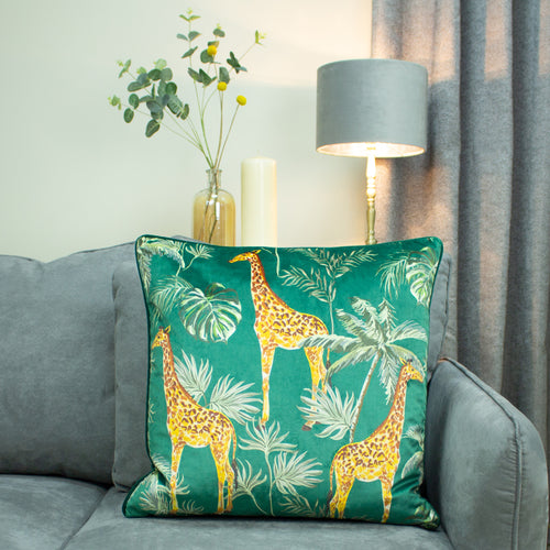 Jungle Green Cushions - Giraffe Palm Velvet Cushion Cover Green Paoletti