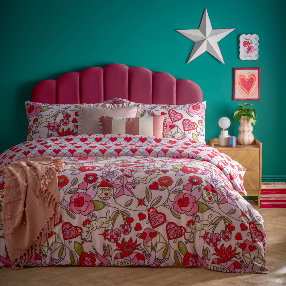 Glass Hearts Printed Duvet Cover Set Pink