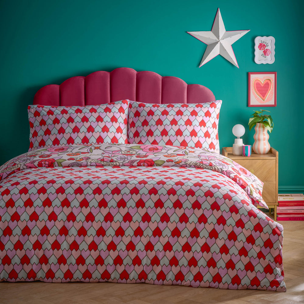 Glass Hearts Printed Duvet Cover Set Pink