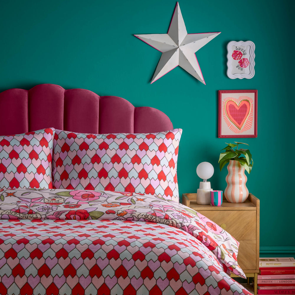 Glass Hearts Printed Duvet Cover Set Pink