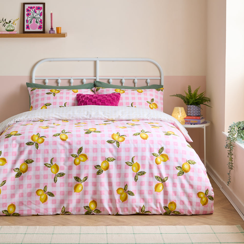 Check Yellow Bedding - Gingham Lemons Reversible Duvet Cover Set Pink Heya Home