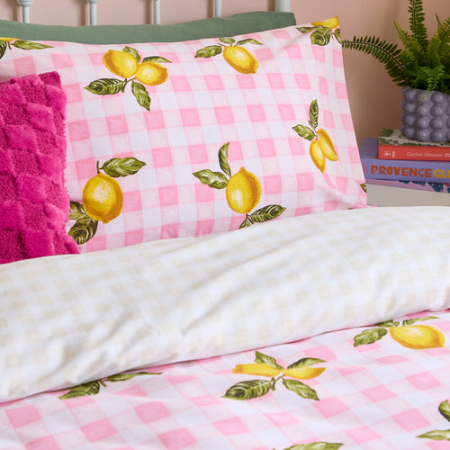 Gingham Lemons Reversible Duvet Cover Set Pink