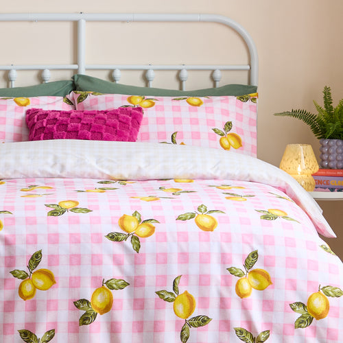 Gingham Lemons Reversible Duvet Cover Set Pink