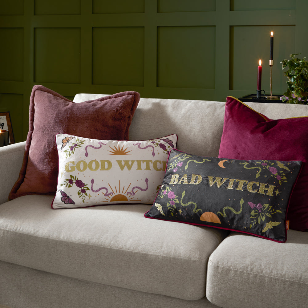 Good Witch Embroidered Velvet Cushion Angel White