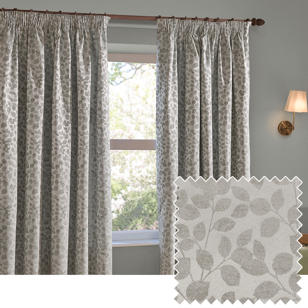 Grace Leaf Jacquard Fully Lined Pencil Pleat Curtains Mist Grey