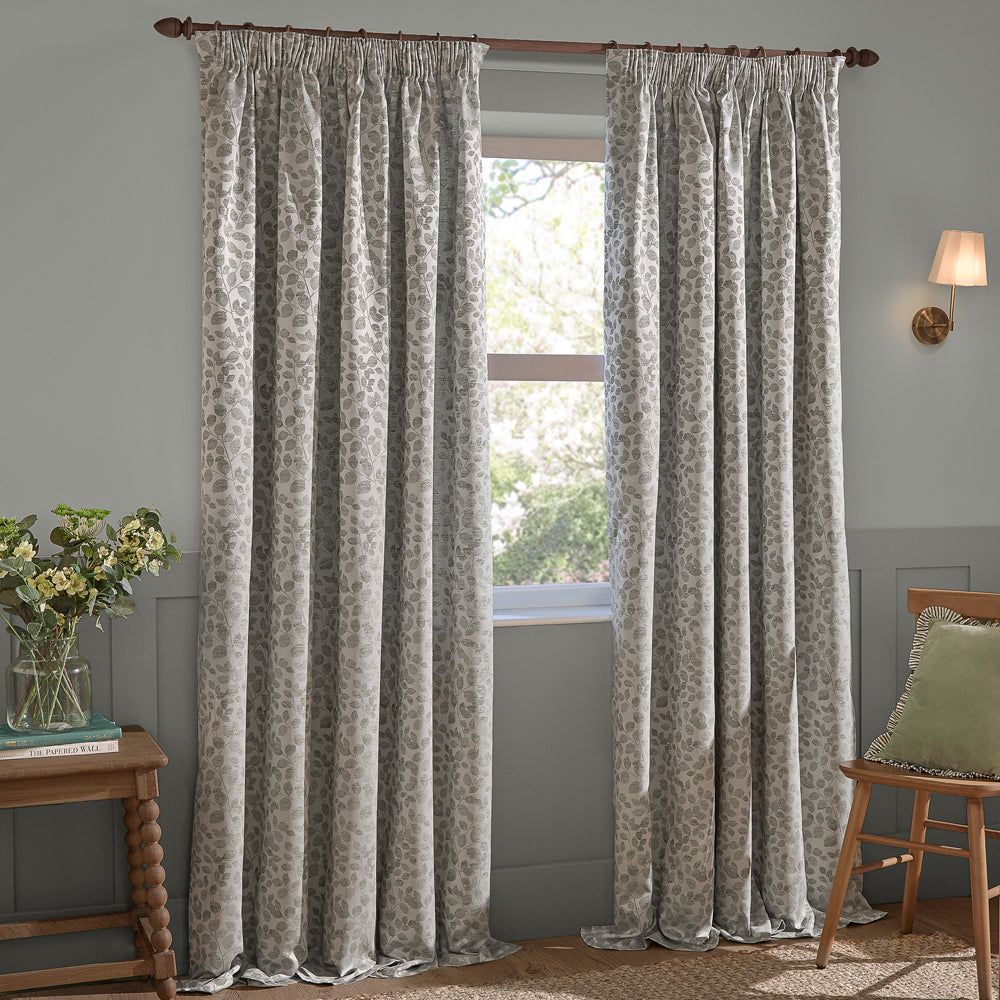 Floral Grey Curtains - Grace Leaf Jacquard Fully Lined Pencil Pleat Curtains Mist Grey Wylder