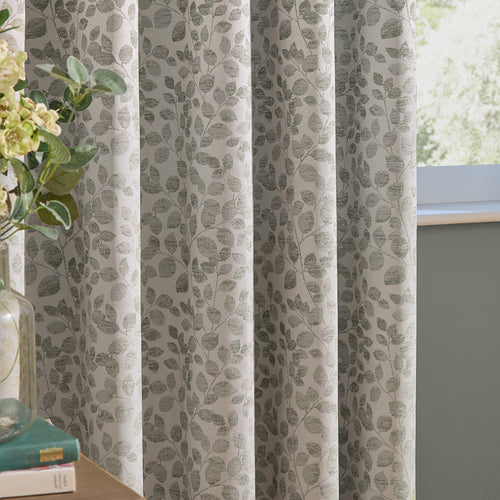 Grace Leaf Jacquard Fully Lined Pencil Pleat Curtains Mist Grey