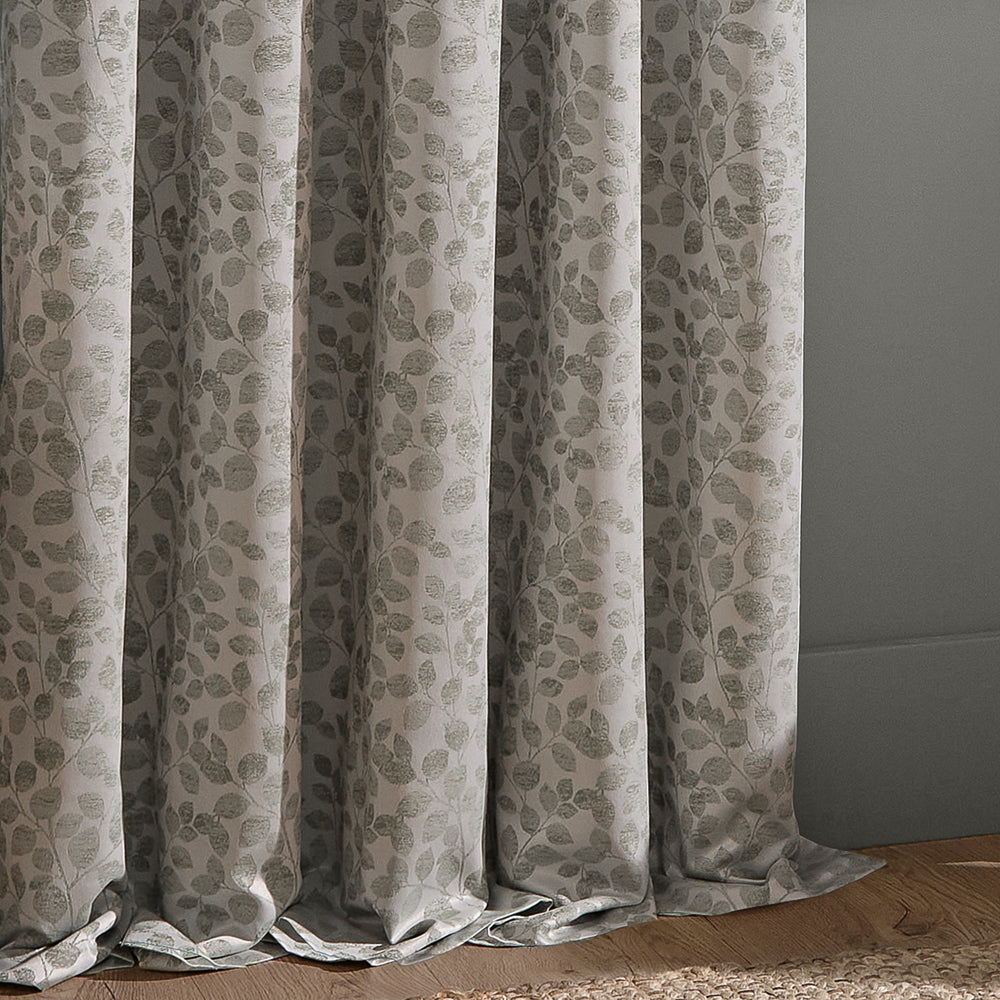 Grace Leaf Jacquard Fully Lined Pencil Pleat Curtains Mist Grey