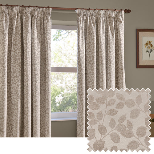 Floral Beige Curtains - Grace Leaf Jacquard Fully Lined Pencil Pleat Curtains Natural Wylder