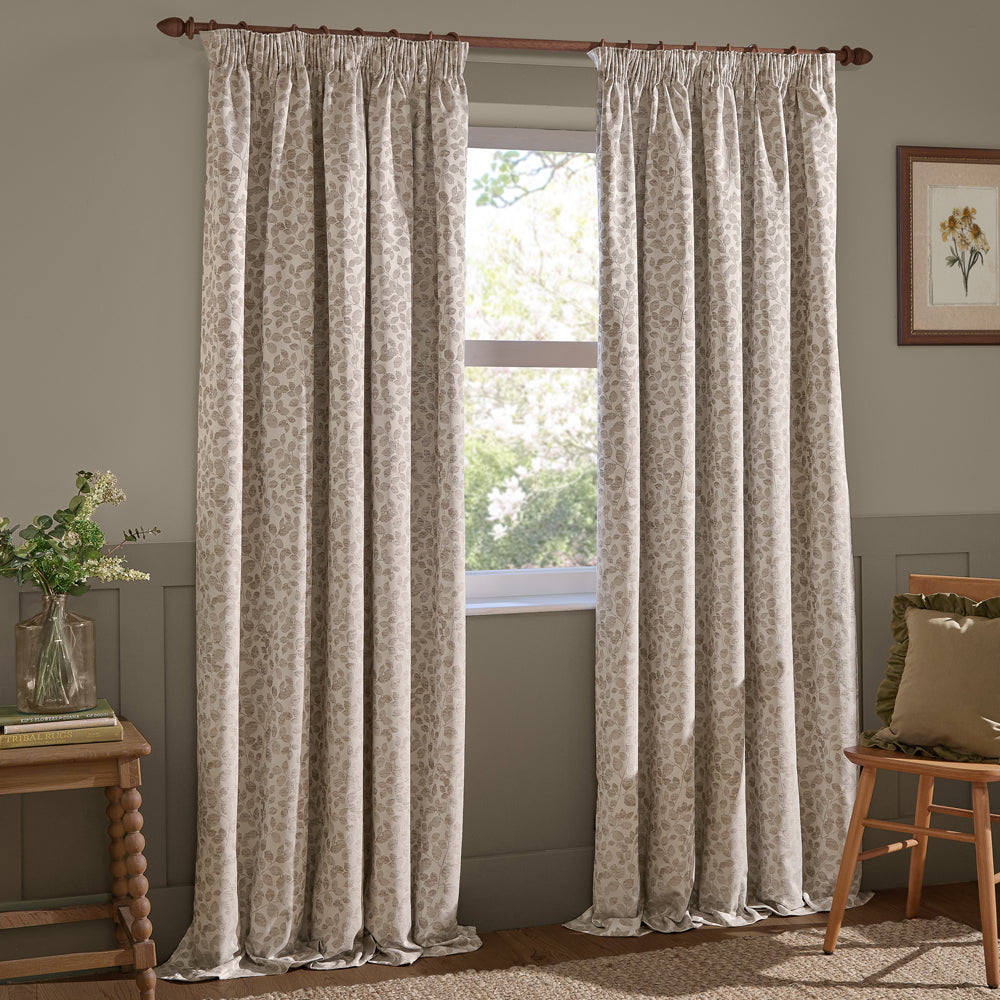 Floral Beige Curtains - Grace Leaf Jacquard Fully Lined Pencil Pleat Curtains Natural Wylder