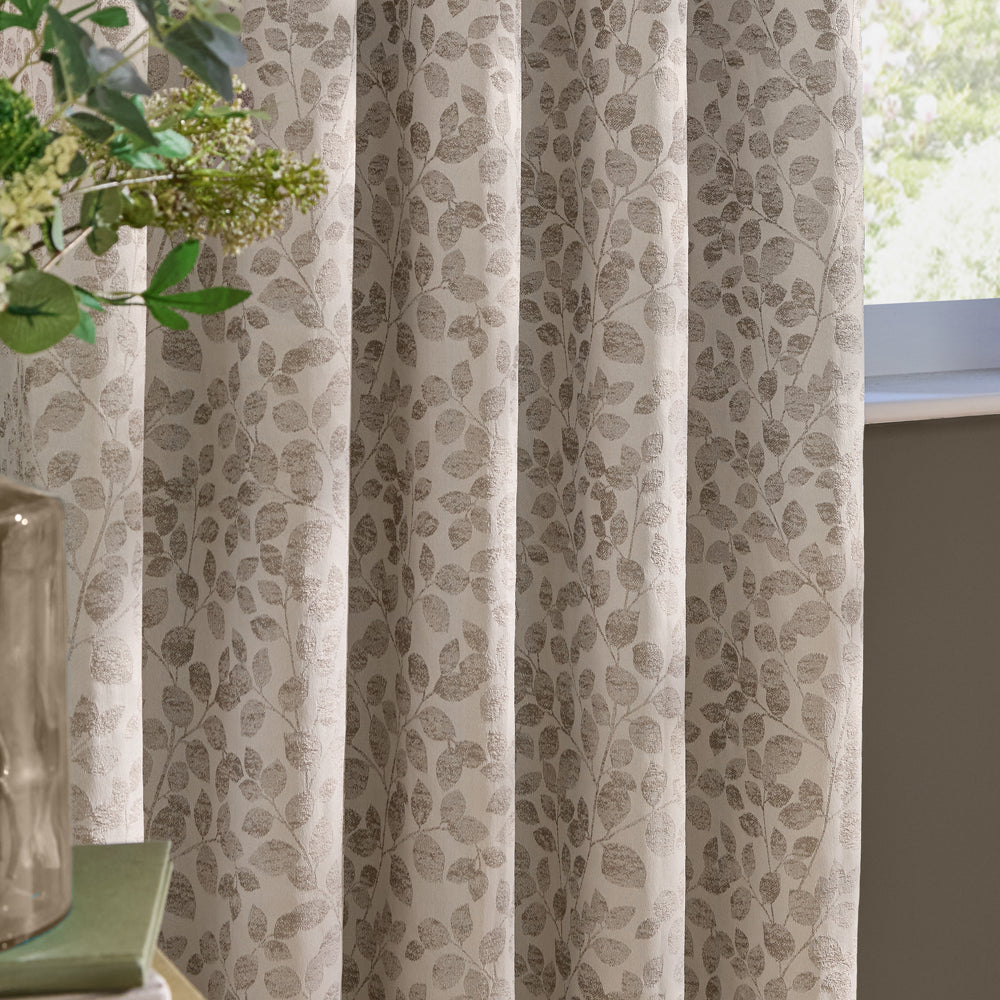 Grace Leaf Jacquard Fully Lined Pencil Pleat Curtains Natural