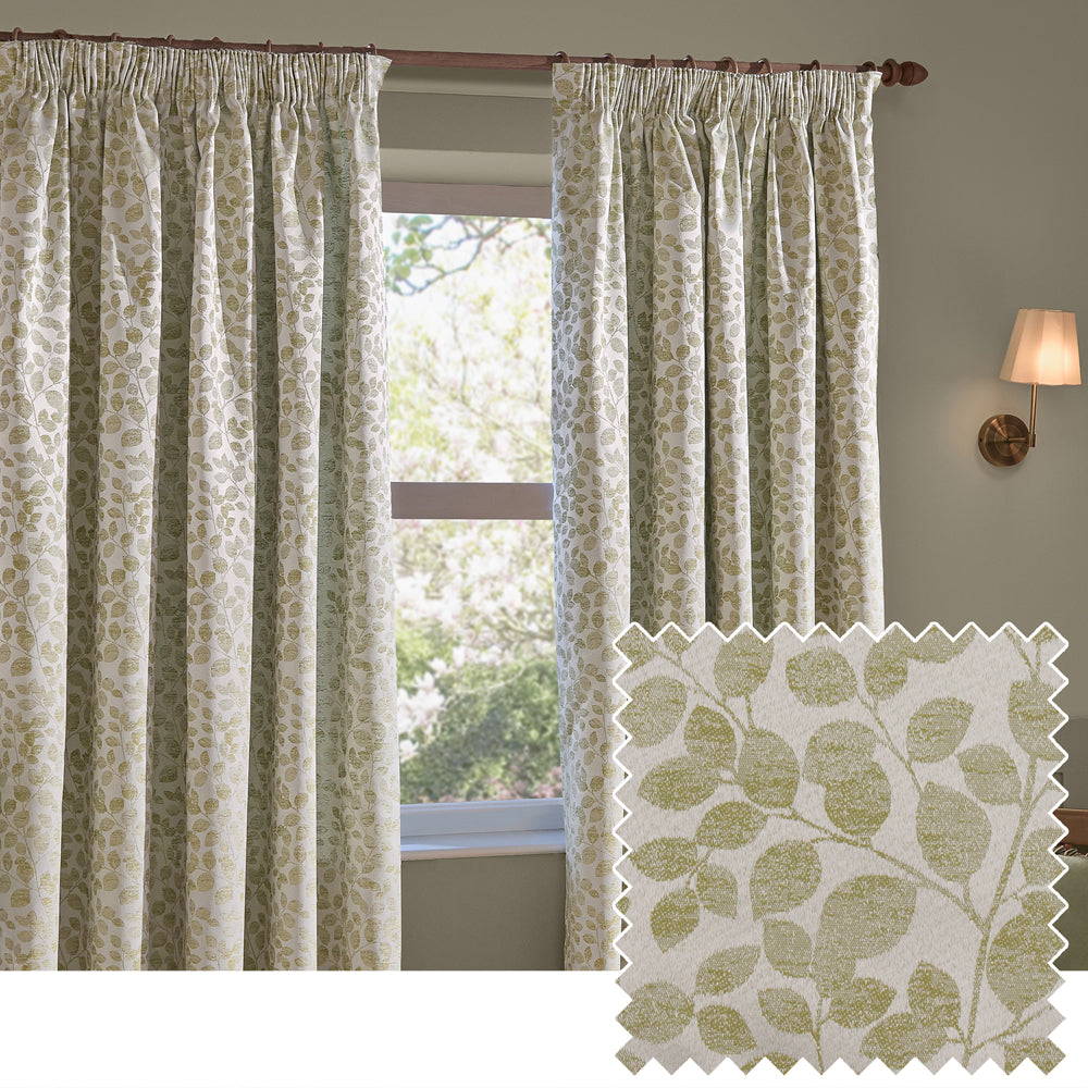 Grace Leaf Jacquard Fully Lined Pencil Pleat Curtains Sage
