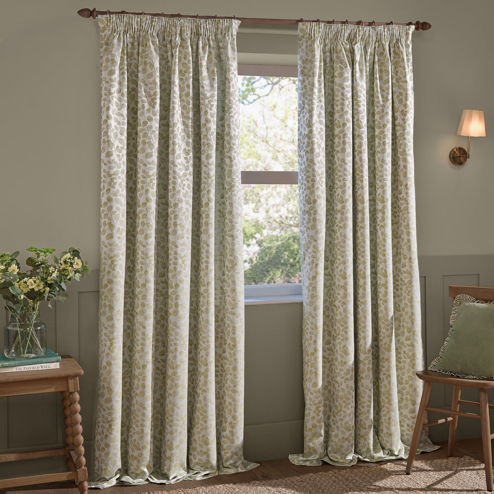 Floral Green Curtains - Grace Leaf Jacquard Fully Lined Pencil Pleat Curtains Sage Wylder