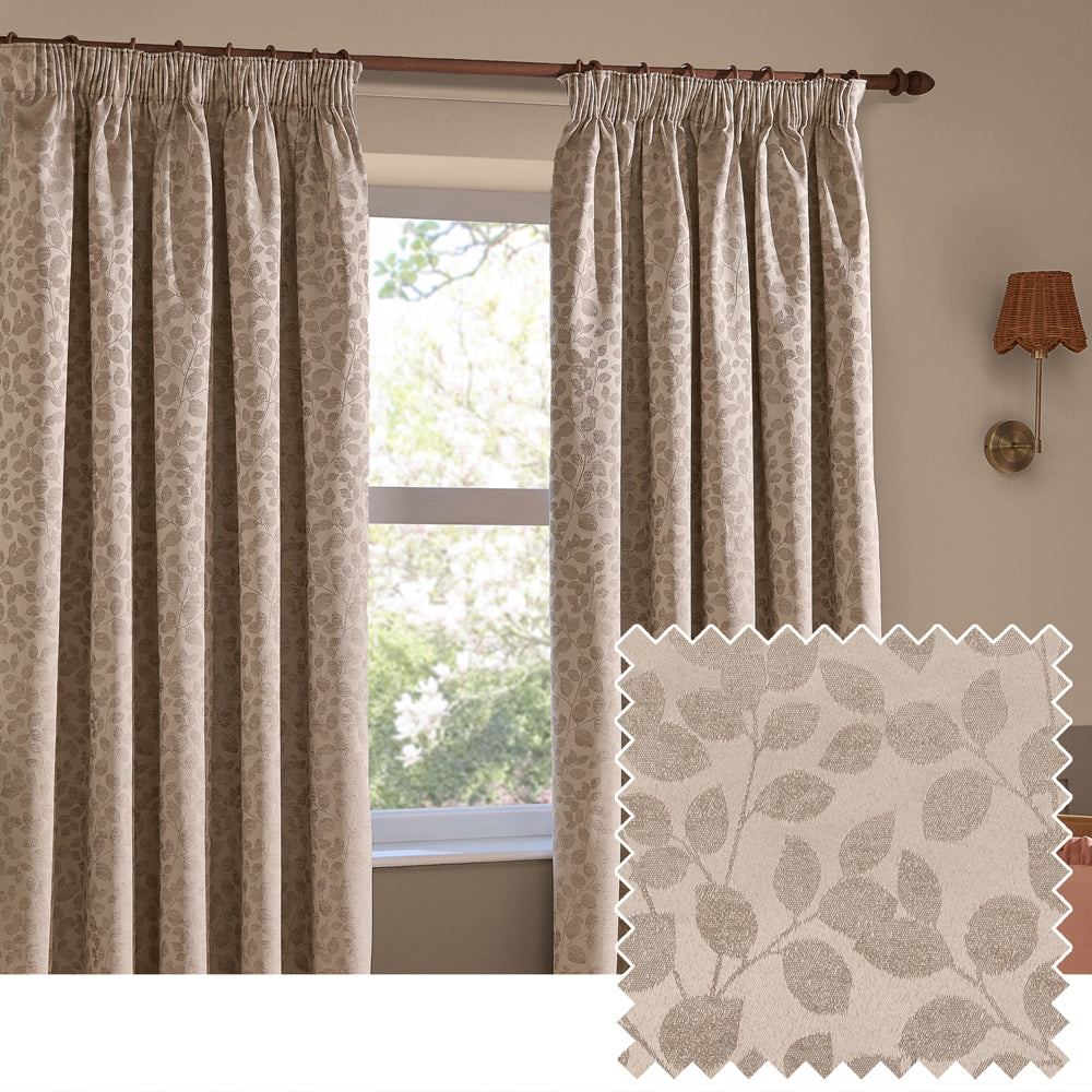 Grace Leaf Jacquard Fully Lined Pencil Pleat Curtains Taupe