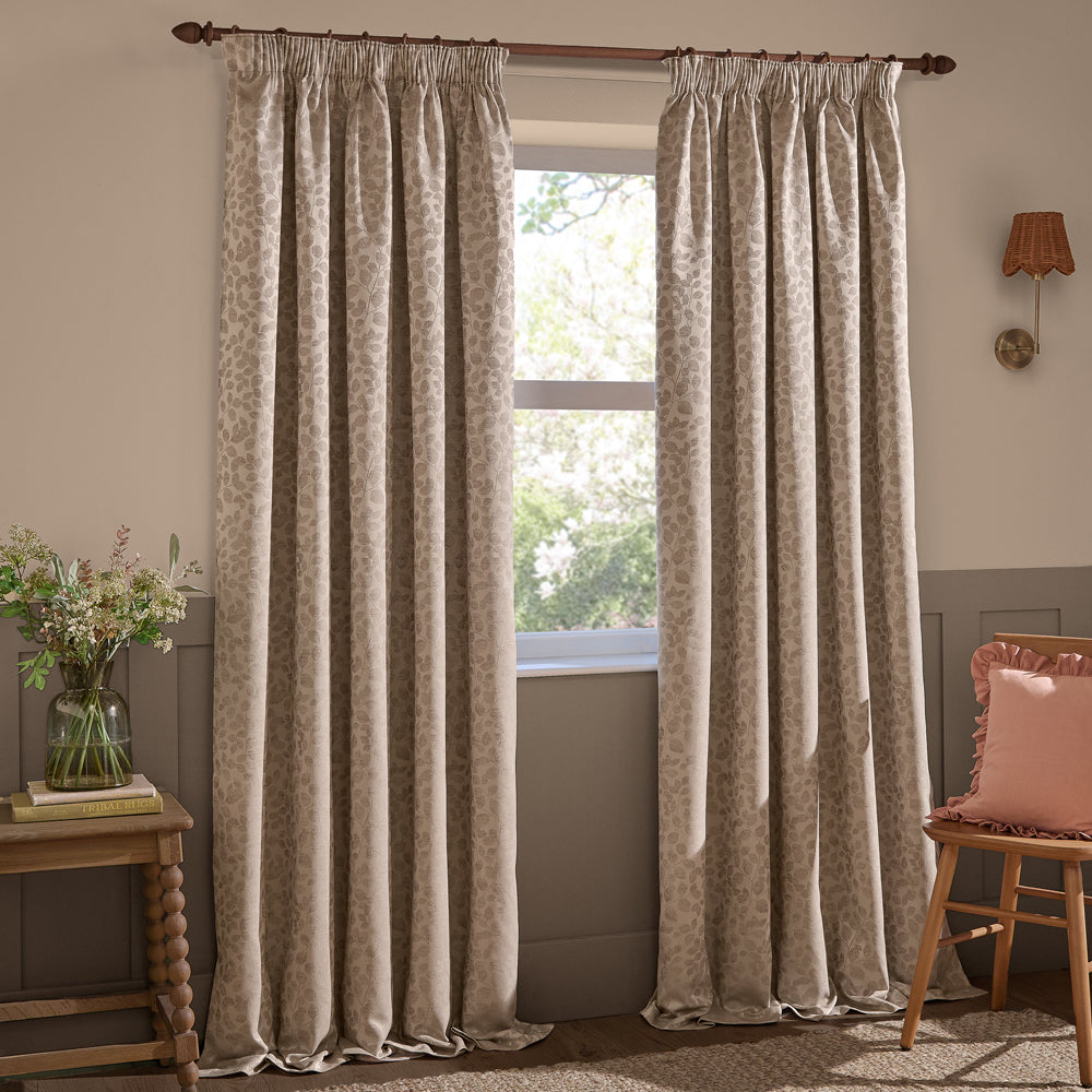 Floral Beige Curtains - Grace Leaf Jacquard Fully Lined Pencil Pleat Curtains Taupe Wylder