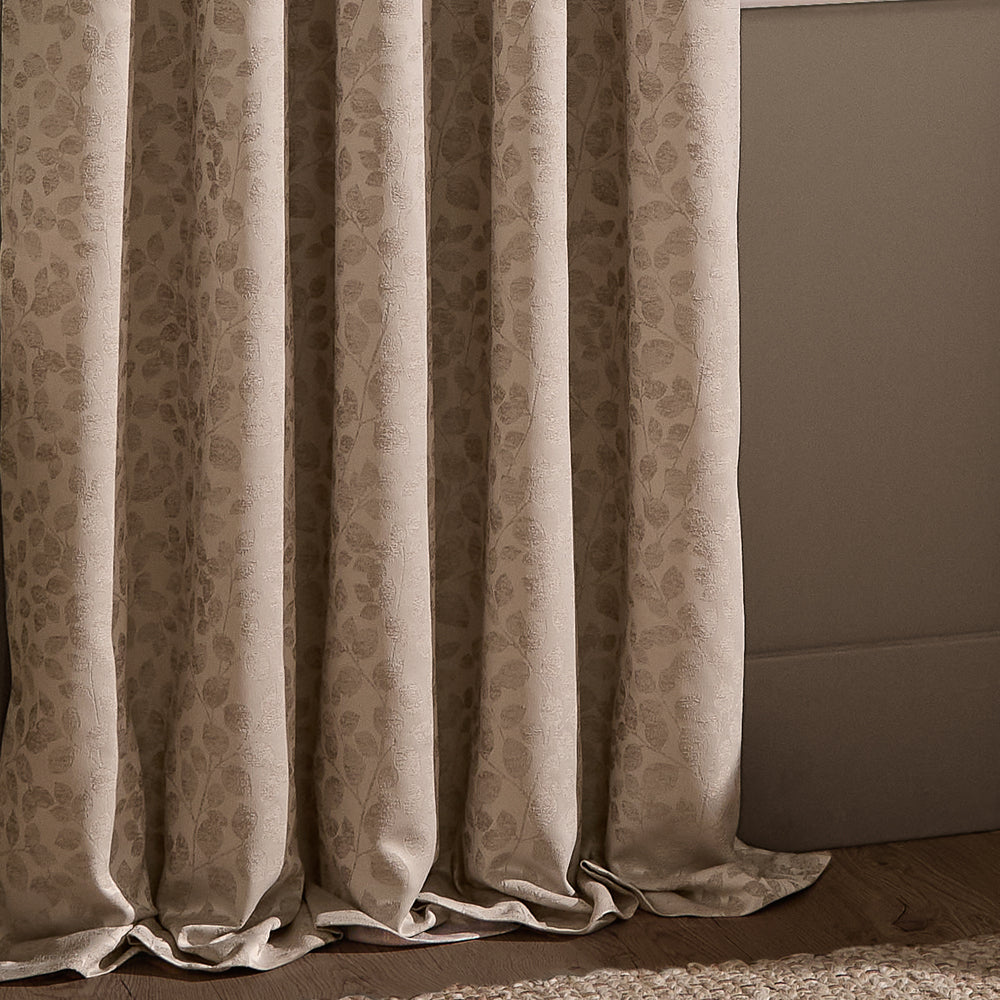 Grace Leaf Jacquard Fully Lined Pencil Pleat Curtains Taupe