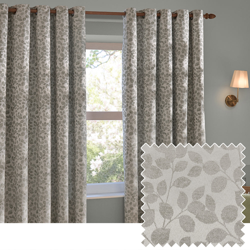 Grace Leaf Jacquard Fully Lined Eyelet Curtains Mist Grey
