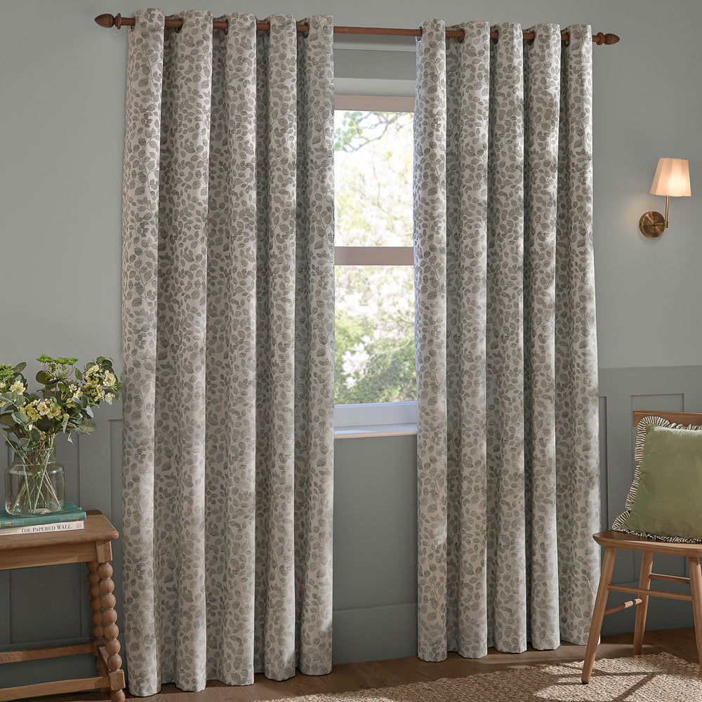 Floral Grey Curtains - Grace Leaf Jacquard Fully Lined Eyelet Curtains Mist Grey Wylder
