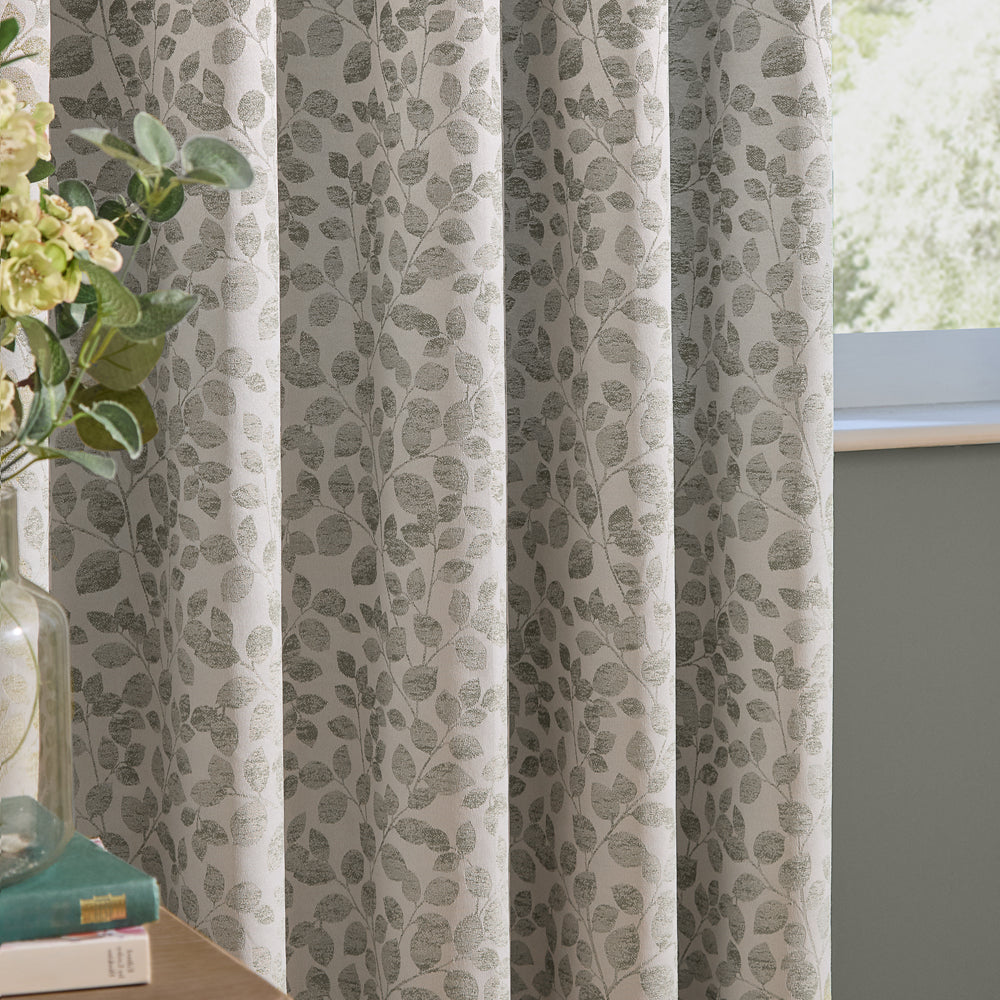 Grace Leaf Jacquard Fully Lined Eyelet Curtains Mist Grey