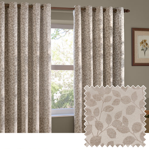 Floral Beige Curtains - Grace Leaf Jacquard Fully Lined Eyelet Curtains Natural Wylder